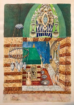 Machpela Cave Chevron 1969 Israeli Judaica Mixed Media Print Watercolor Painting