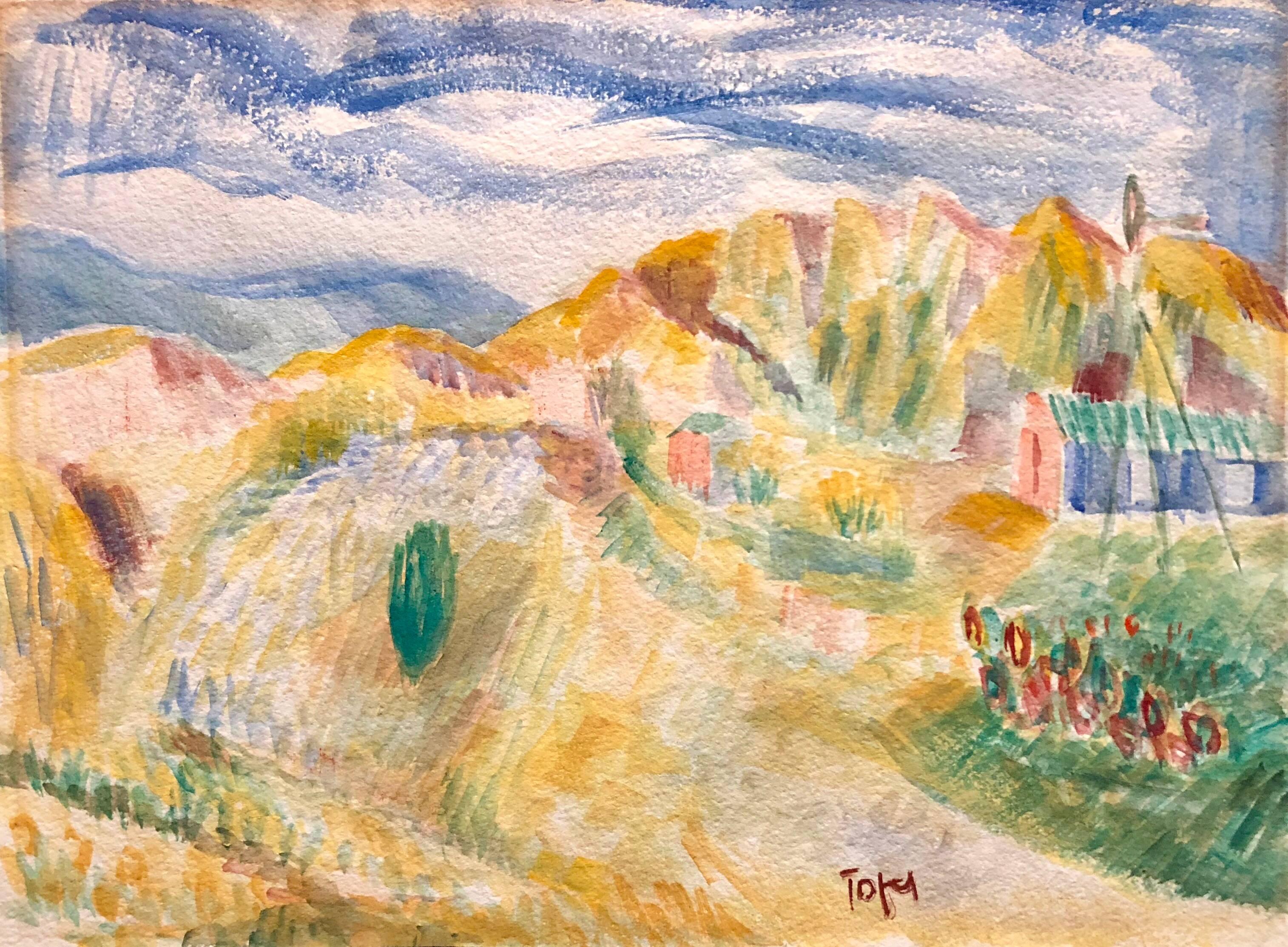 Jennings Tofel Landscape Art - Expressionist Watercolor Landscape Painting Jewish Modernist