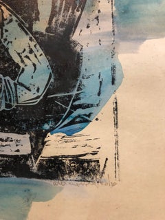 Abstract with Figures Israeli Mid Century Modernist Woodcut Watercolor Painting