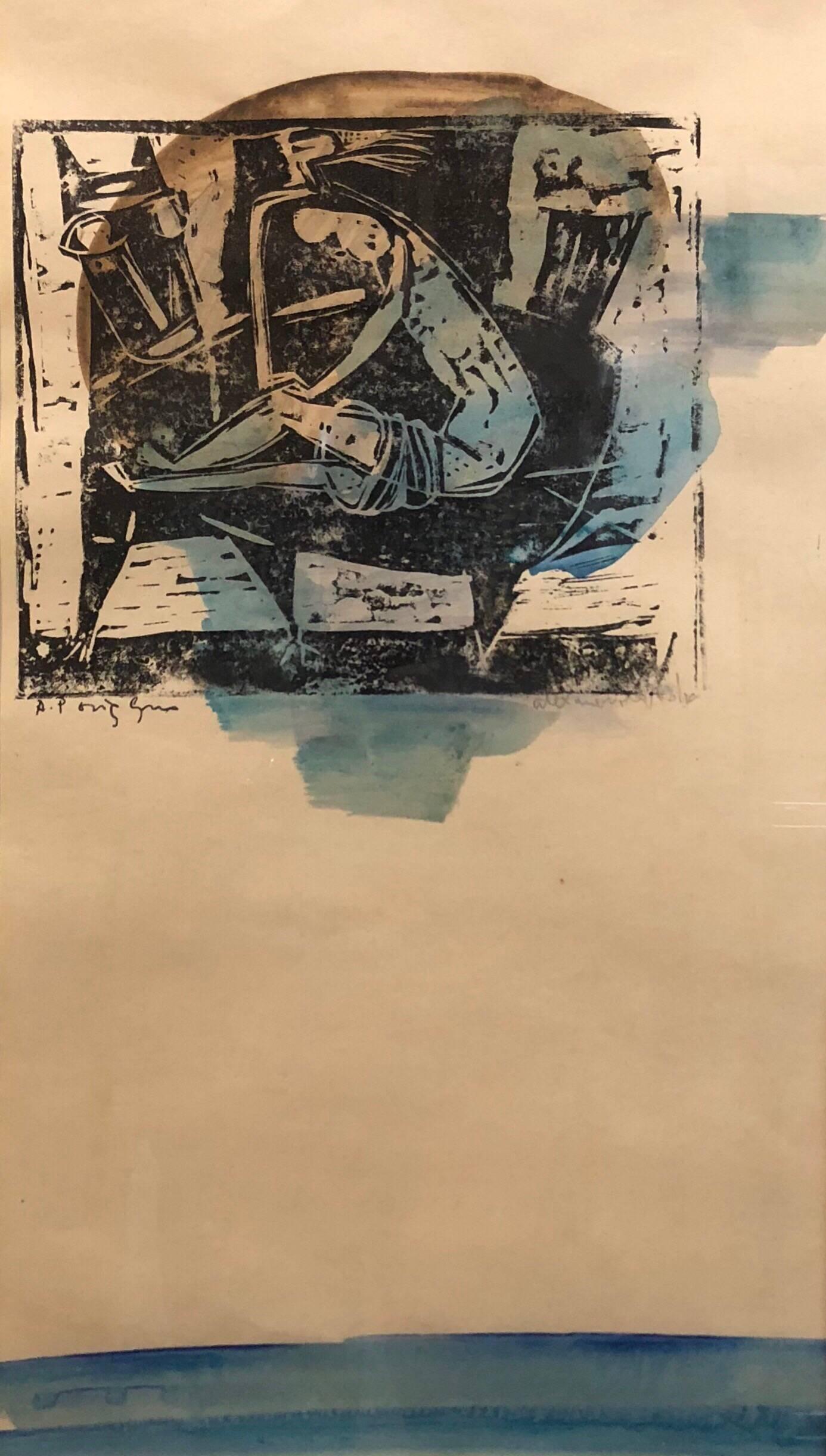 Abstract with Figures Israeli Mid Century Modernist Woodcut Watercolor Painting For Sale 2