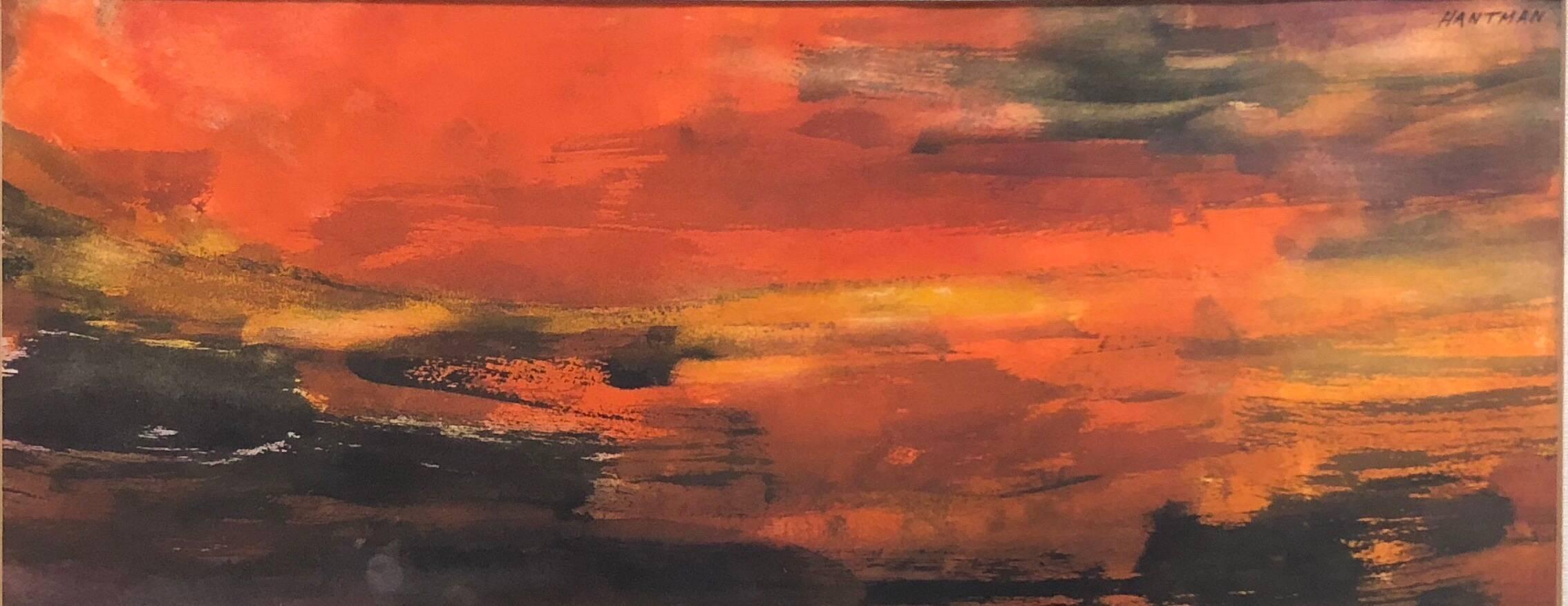 Murray Hantman Abstract Drawing – Abstrakt-expressionistisches Aquarell Fiery Sky 