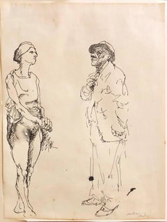 Ink Drawing Man in Suit and Hat with Nude