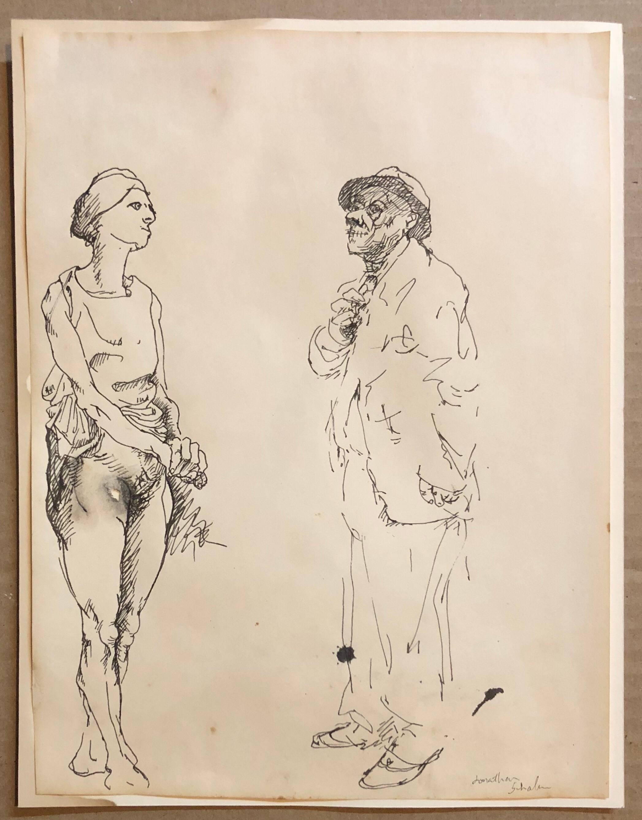 Ink Drawing Man in Suit and Hat with Nude - Art by Jonathan Shahn
