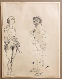 Ink Drawing Man in Suit and Hat with Nude