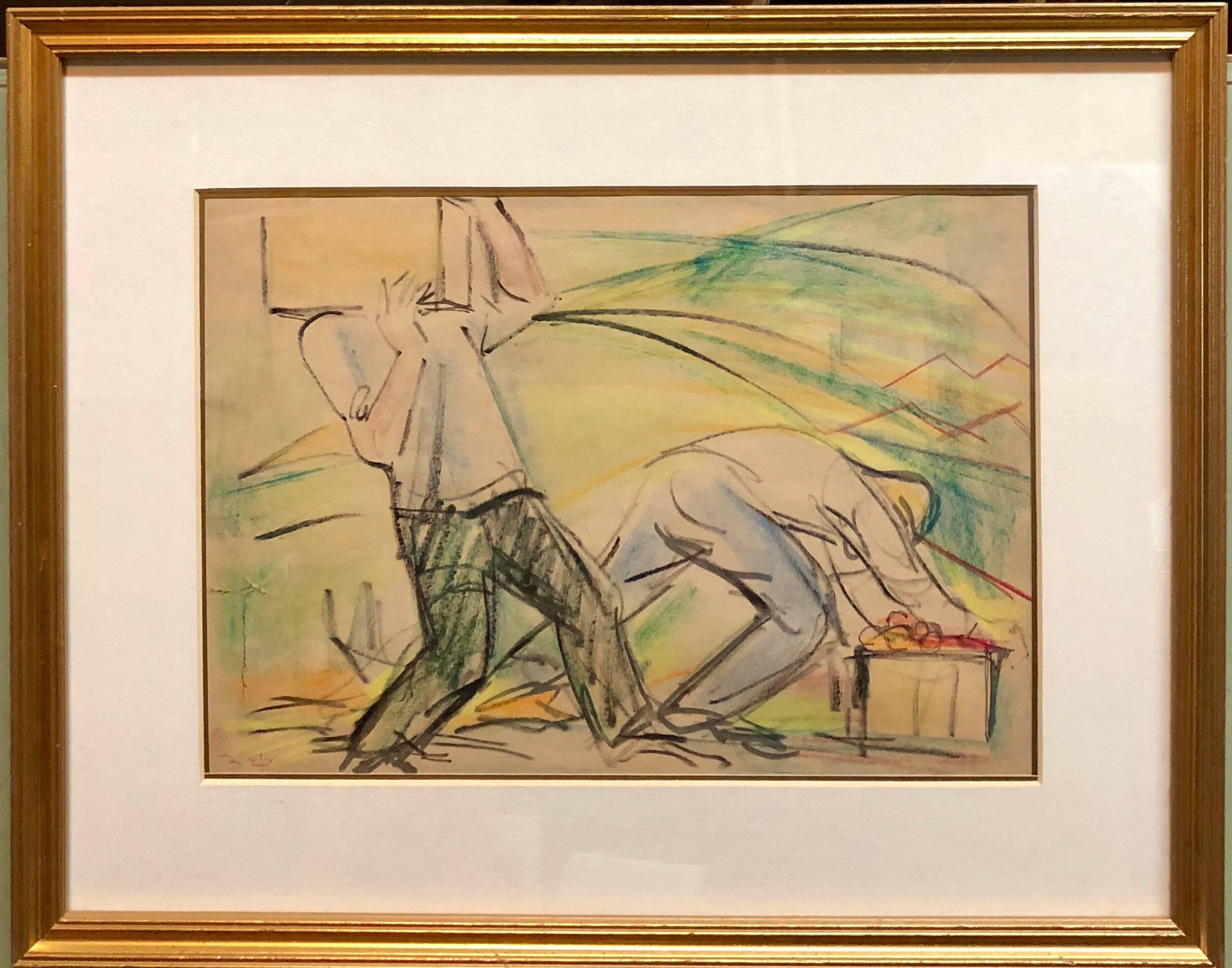 Eliyahu Sigard Figurative Art - Men Working on Kibbutz Palestine, Israeli Judaica Pastel Drawing