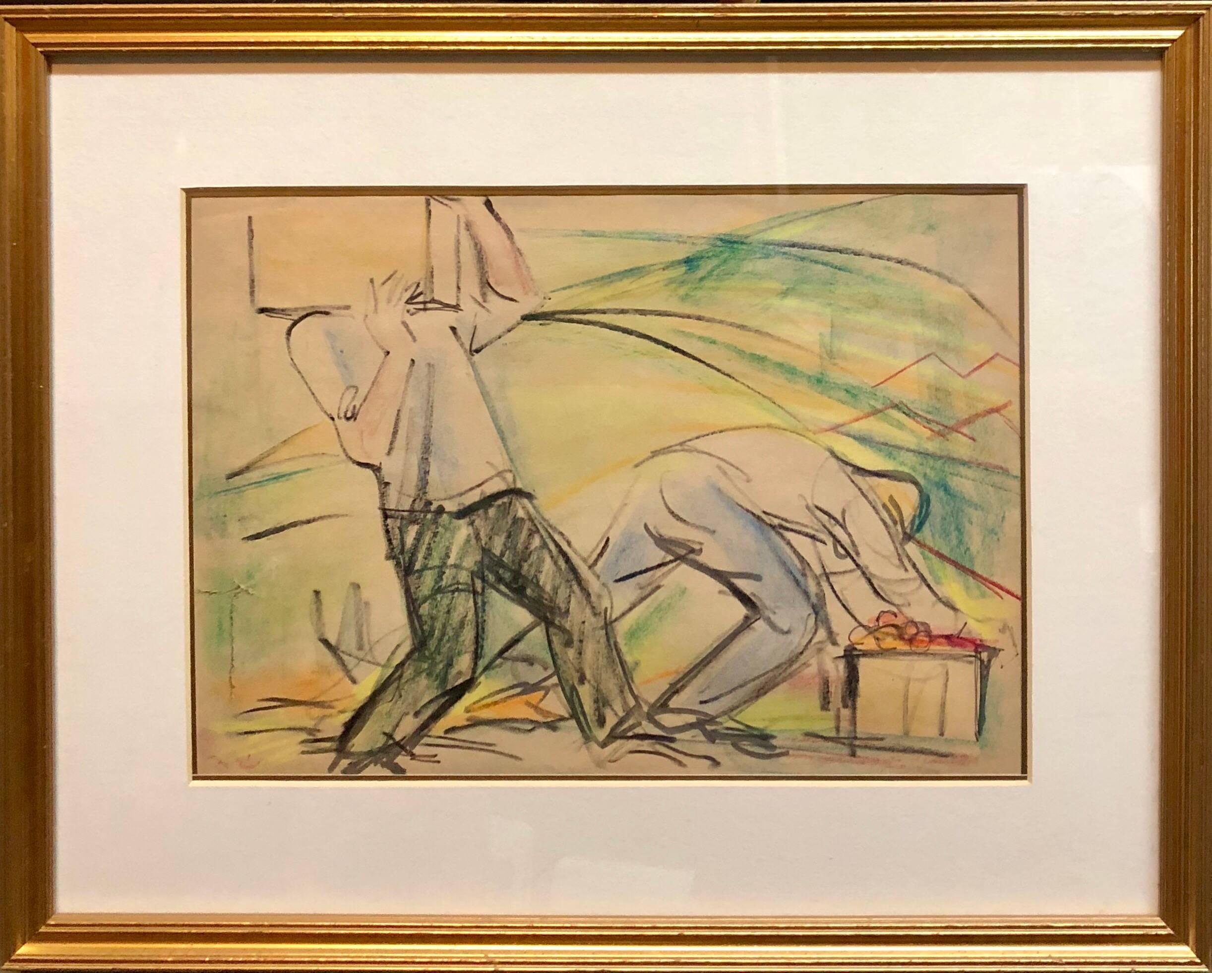 Men Working on Kibbutz Palestine, Israeli Judaica Pastel Drawing - Art by Eliyahu Sigard