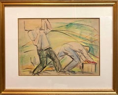 Men Working on Kibbutz Palestine, Israeli Judaica Pastel Drawing