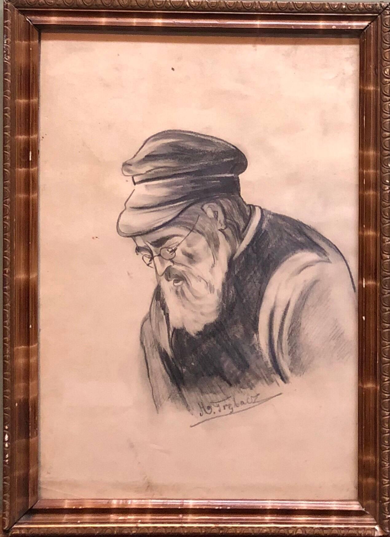 Maurycy Trebacz Figurative Art – Alte jüdische Shtetl Rabbi in Holzkohle Judaica Zeichnung aus der Zeit des Zweiten Weltkriegs