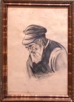 Old Jewish Shtetl Rabbi Charcoal Judaica Drawing World War II Era