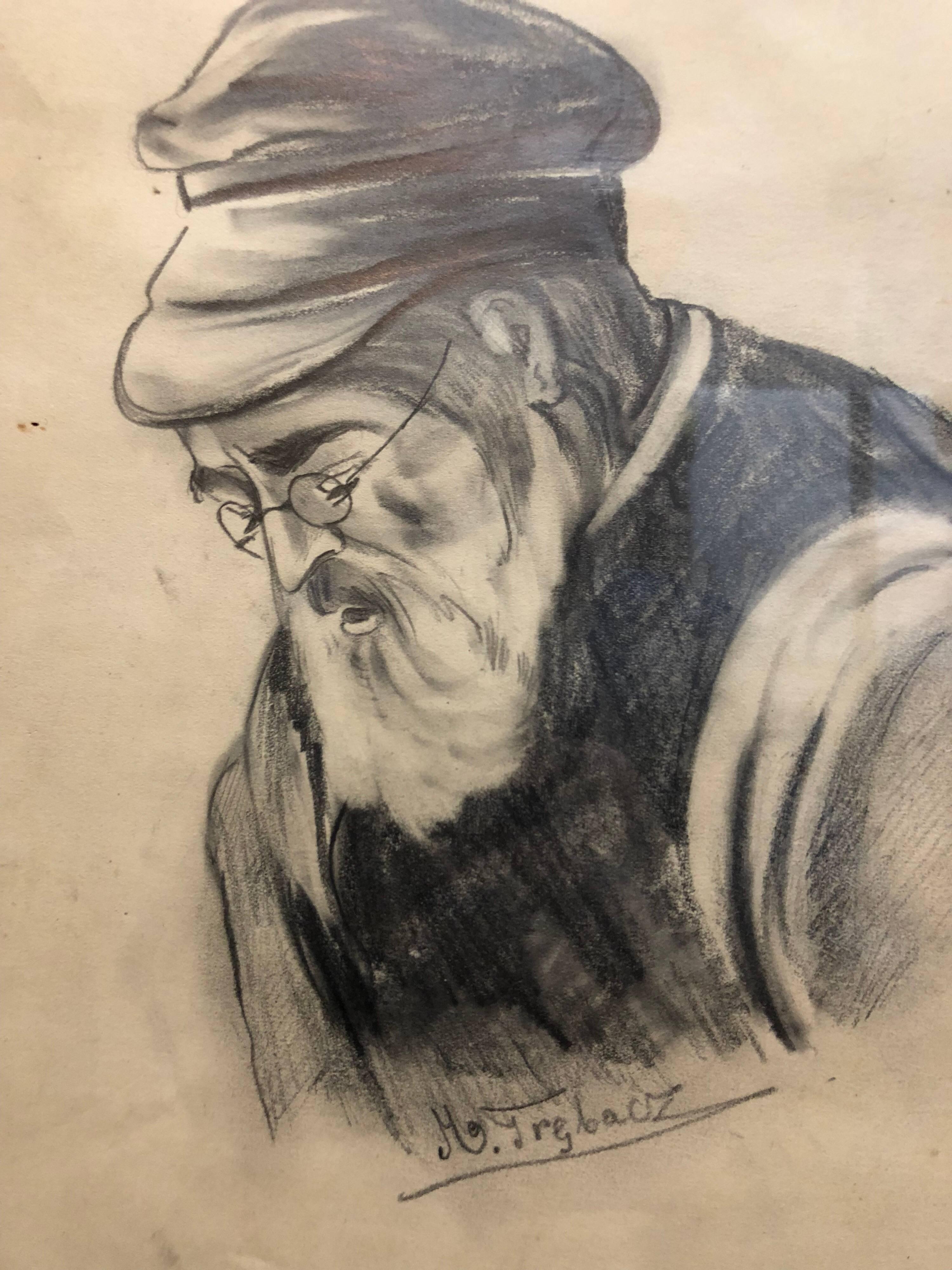Alte jüdische Shtetl Rabbi in Holzkohle Judaica Zeichnung aus der Zeit des Zweiten Weltkriegs – Art von Maurycy Trebacz
