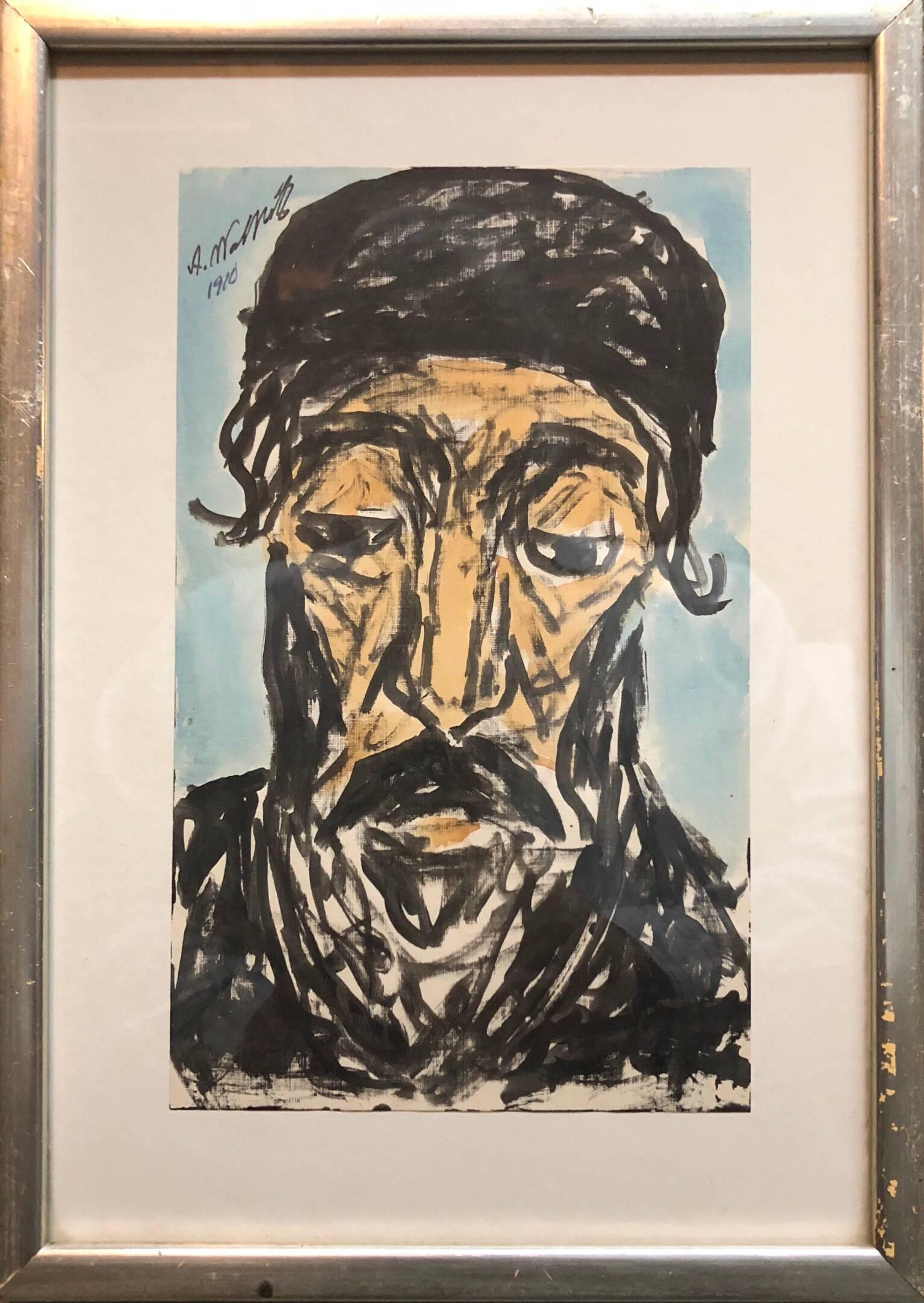 Abraham Walkowitz Figurative Art - Modernist Watercolor Painting, Portrait of a Man, Judaica Rabbi