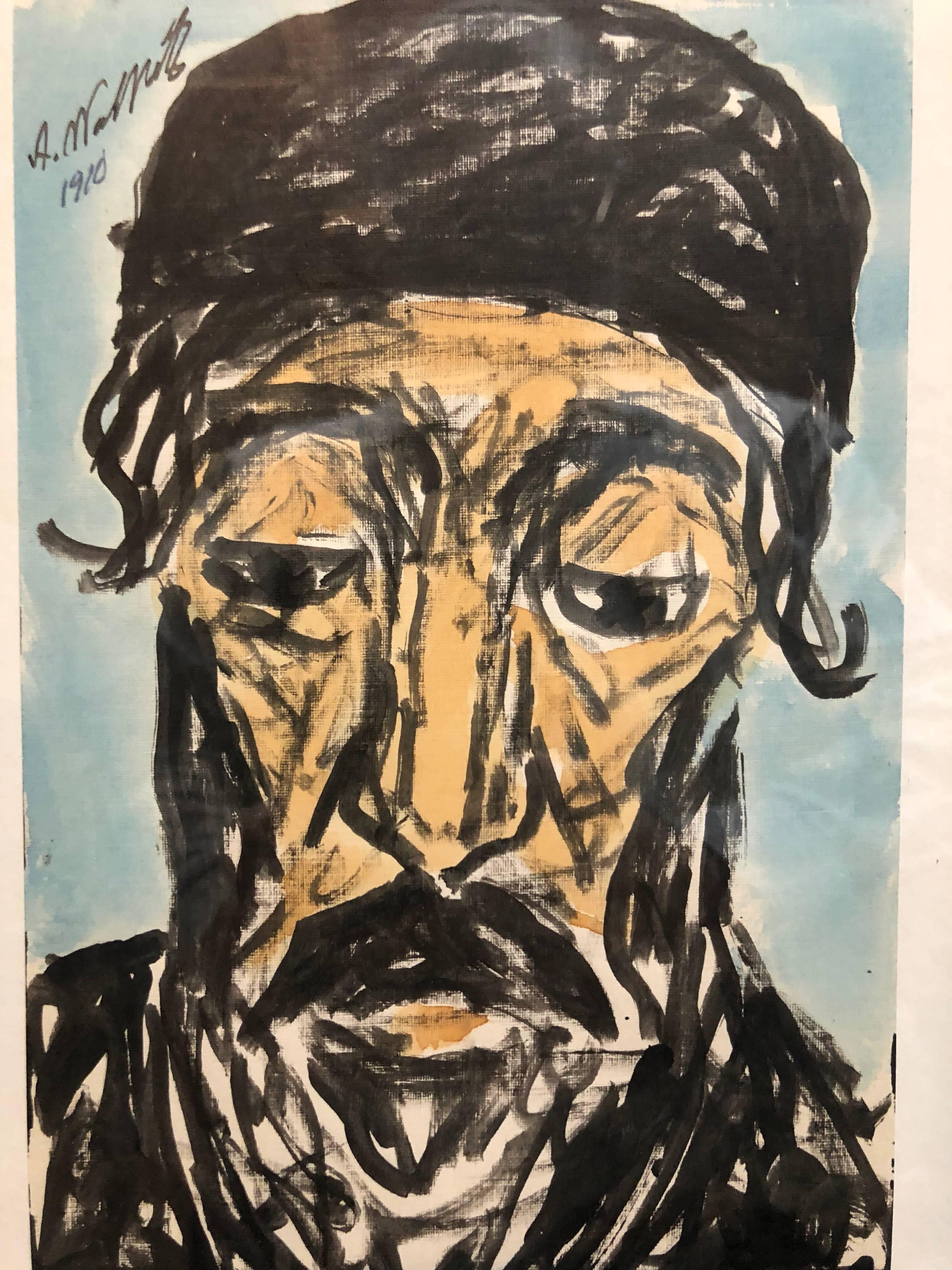 Modernist Watercolor Painting, Portrait of a Man, Judaica Rabbi - Art by Abraham Walkowitz
