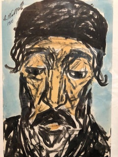 Modernist Watercolor Painting, Portrait of a Man, Judaica Rabbi