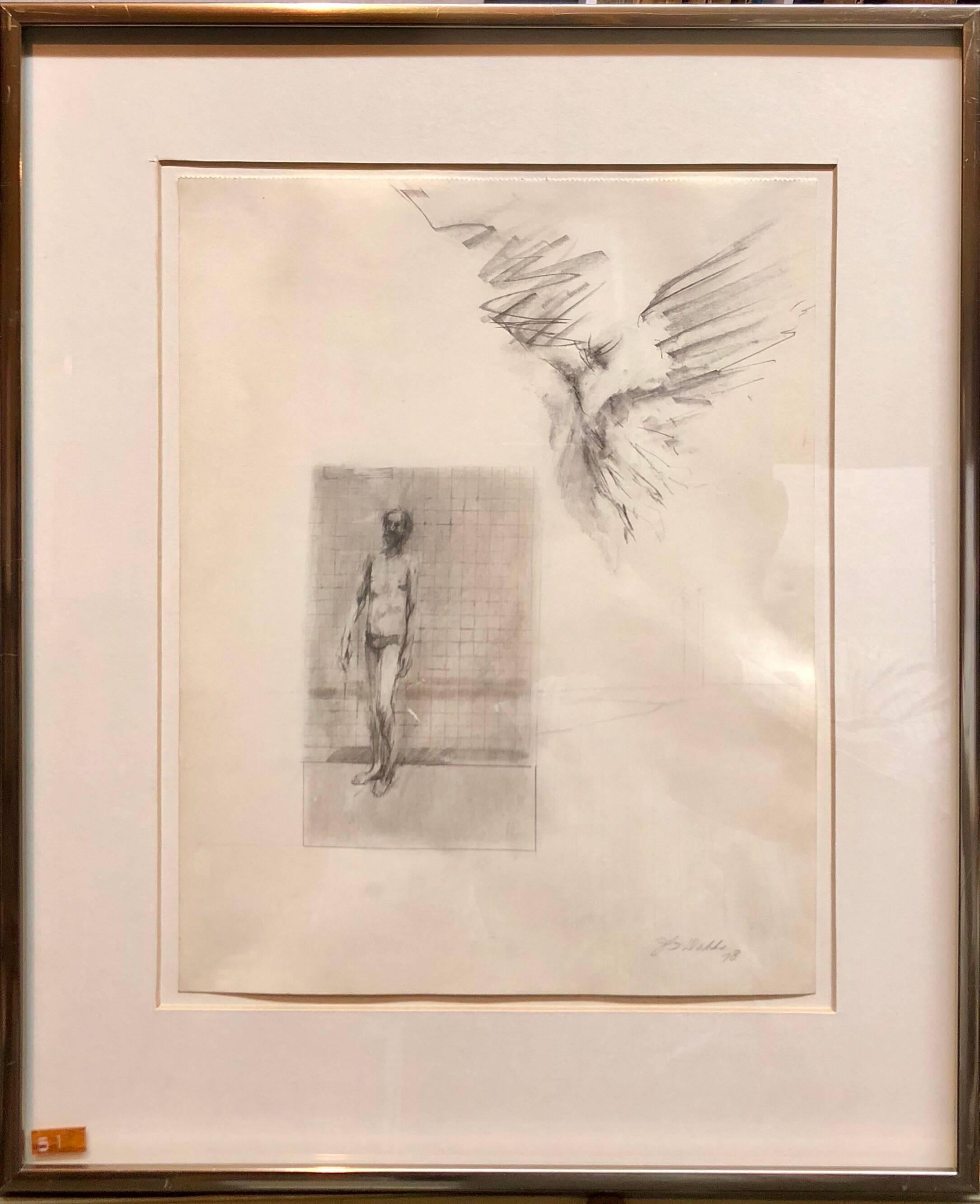 John Dobbs Figurative Art – Abstrakte modernistische Zeichnung eines nackten Mannes mit geflügelter Figur, Engel