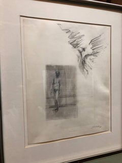 Abstract Modernist Drawing of a Nude Man with Winged Figure, Angel