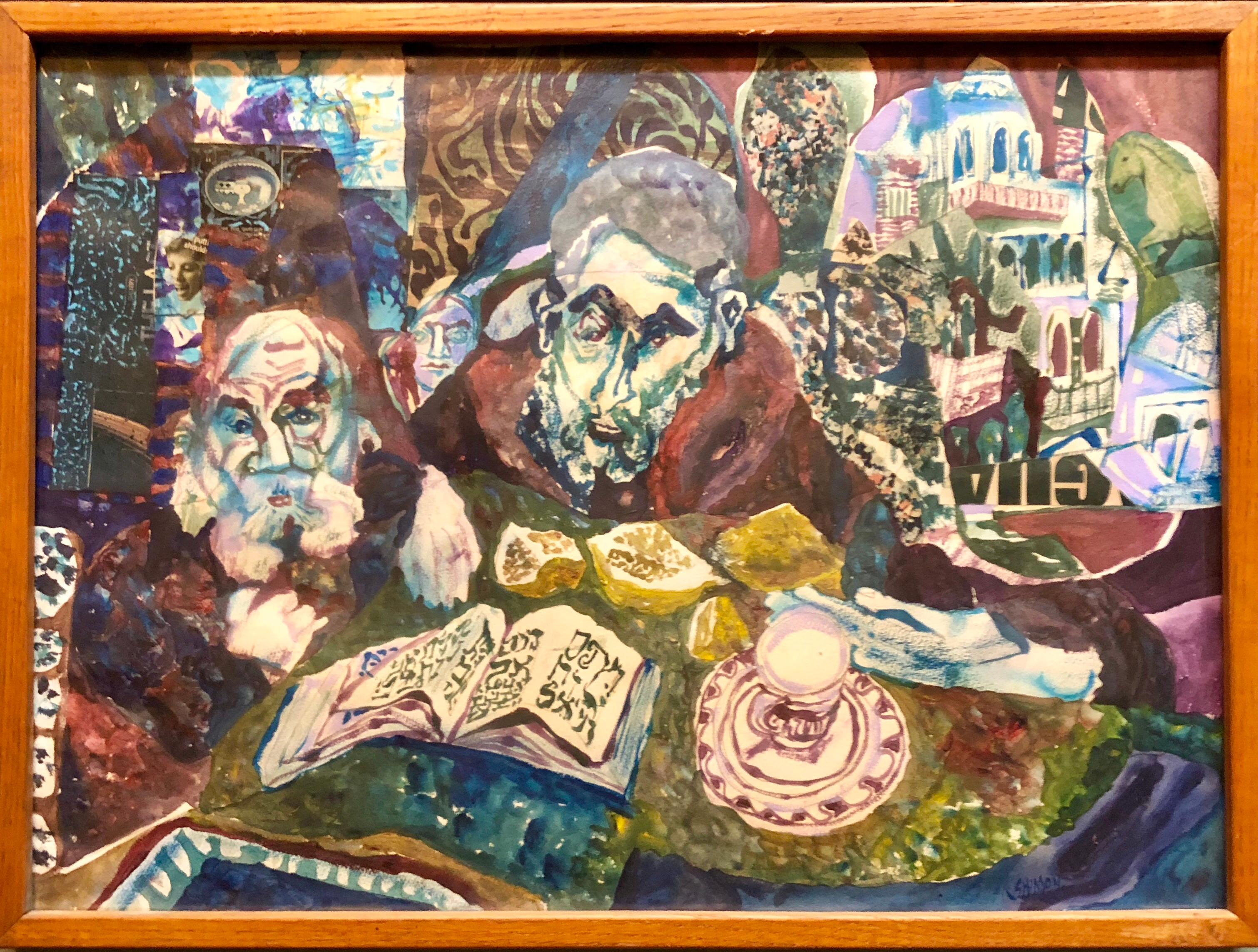 Assemblage Collage Painting Outsider Art Rabbis Studying, Jerusalem