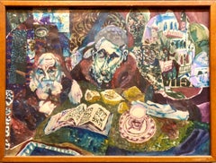 Used Assemblage Collage Painting Outsider Art Rabbis Studying, Jerusalem