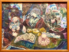 Vintage Assemblage Collage Painting Outsider Art Rabbis Studying, Jerusalem