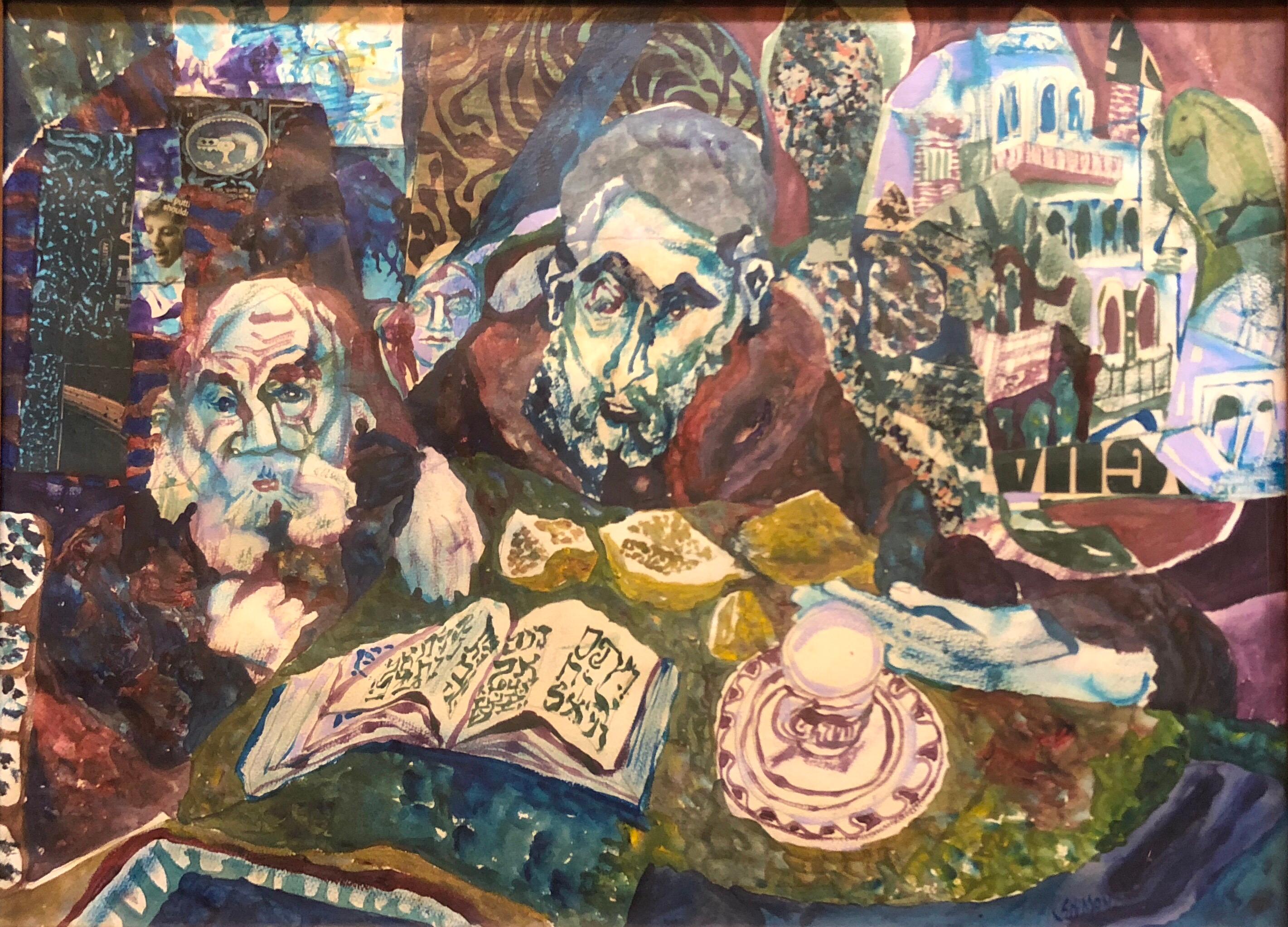 Assemblage Collage Painting Outsider Art Rabbis Studying, Jerusalem - Brown Figurative Art by Paul Shimon