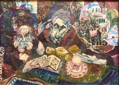 Assemblage Collage Painting Outsider Art Rabbis Studying, Jerusalem