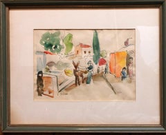 Old Yishuv, Israel, Watercolor Painting Israeli Modernist Kibbutz Artist