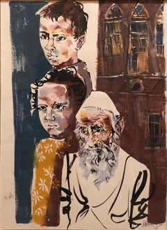 Large Watercolor Painting Israeli Modernist Judaica Rabbi with Children, Bezalel