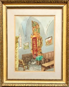 Vintage Israeli Modernist Safed Synagogue Interior Folk Art Watercolor Painting