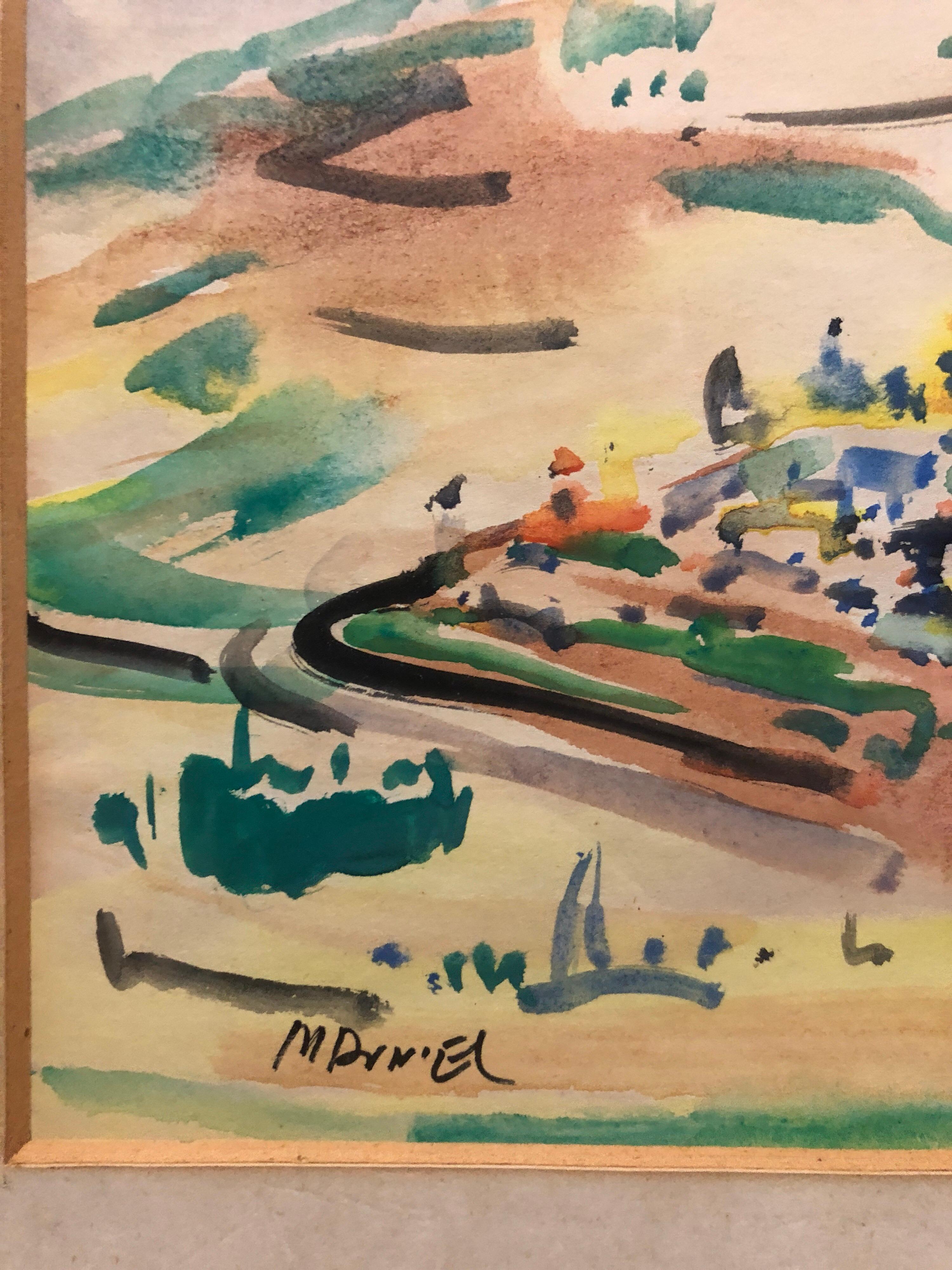 Israeli Modernist Watercolor Painting Jerusalem Landscape Bezalel School Avniel - Moderne Art par Mordechai Avniel