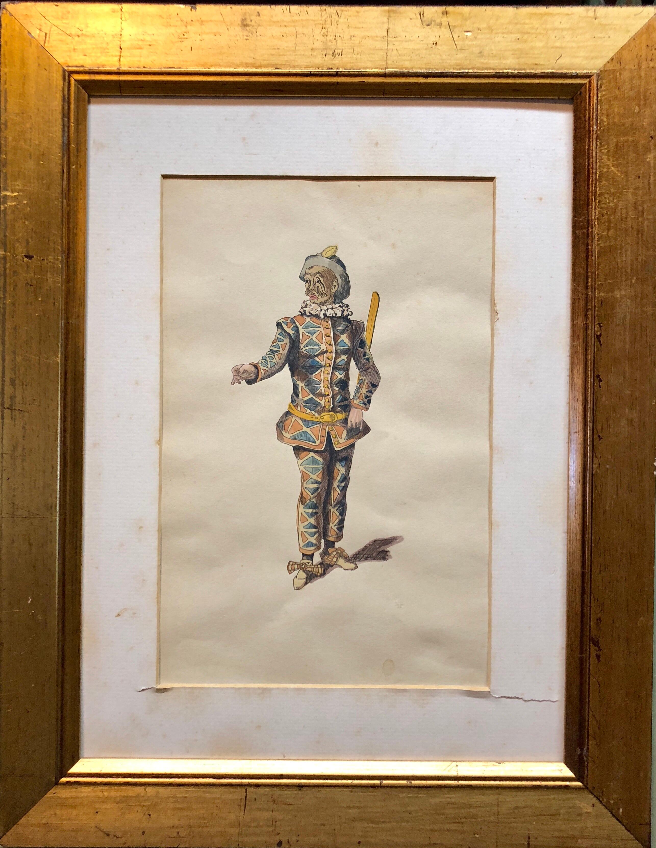 Unknown Figurative Art - Costume Stage Drawing Medieval Jester or Harlequin Figure Watercolor Painting