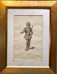 Antique Costume Stage Drawing Medieval Jester or Harlequin Figure Watercolor Painting