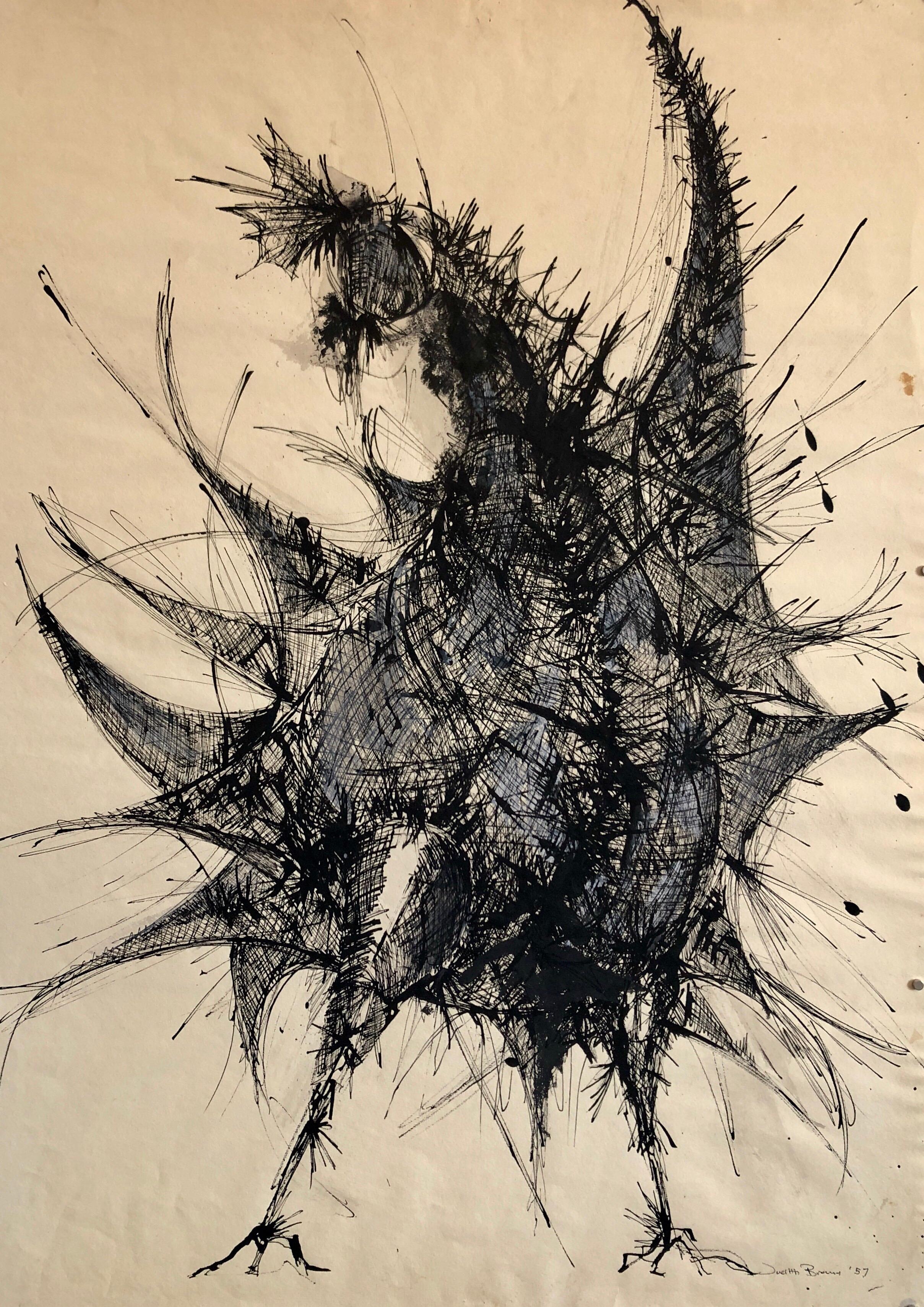 Judith Brown Animal Art – Große Tuschezeichnung Abstrakt-expressionistische Hahn Frau Künstlerin