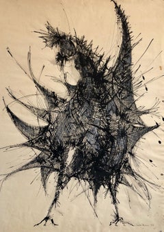 Retro Large Ink Drawing Abstract Expressionist Rooster Woman Artist