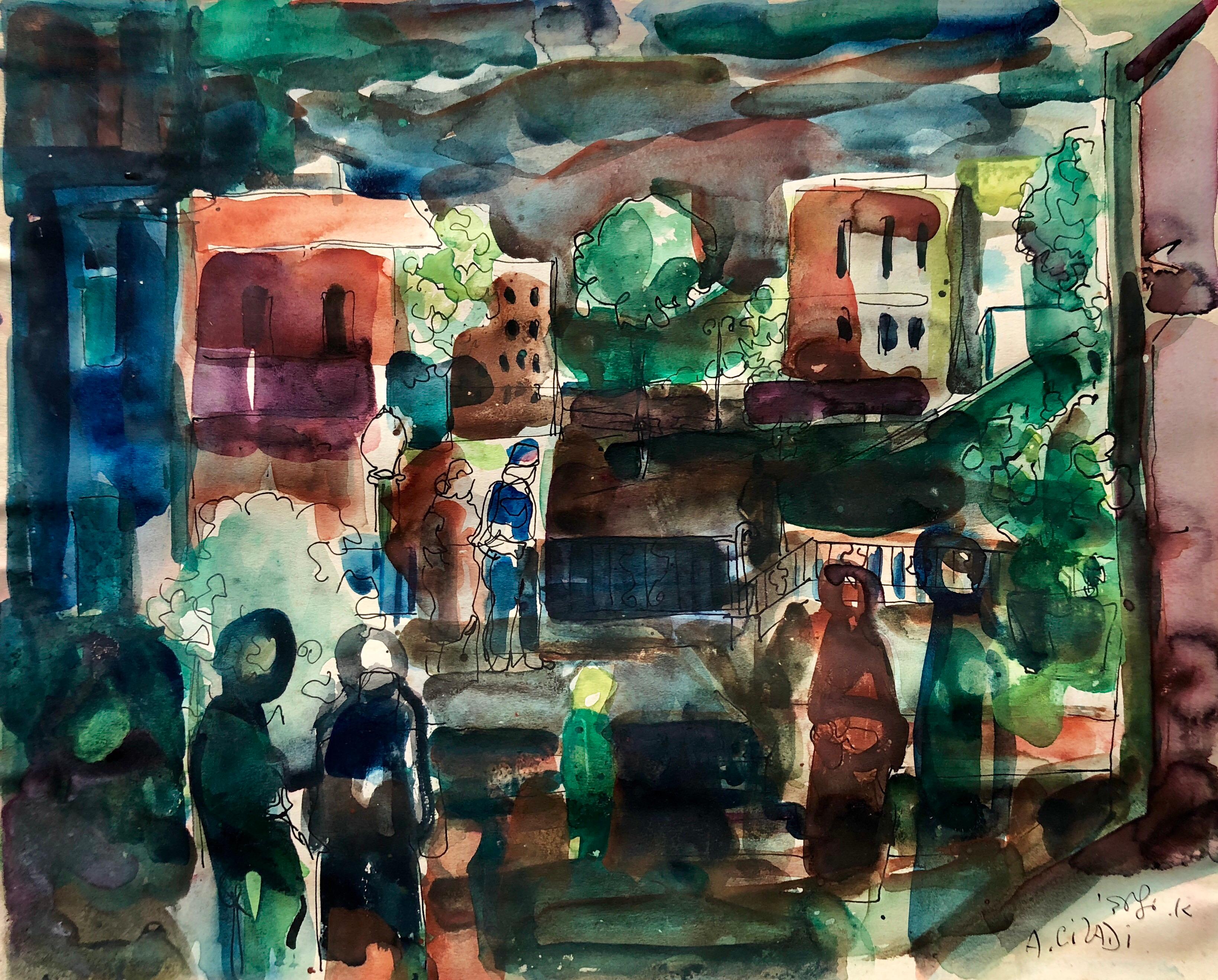 Aharon Giladi Figurative Art – Old Yishuv, Israel, Aquarell Gouache-Gemälde des israelischen modernistischen Kibbutz-Künstlers