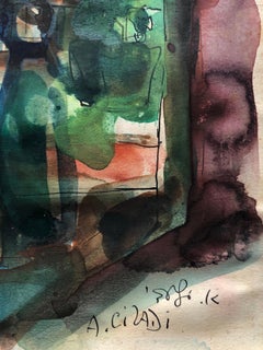 Old Yishuv, Israel, Watercolor Gouache Painting Israeli Modernist Kibbutz Artist