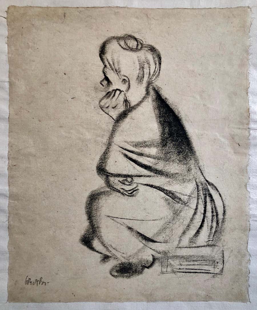 Charcoal Drawing "Waiting" Pensive Woman Americana WPA Artist