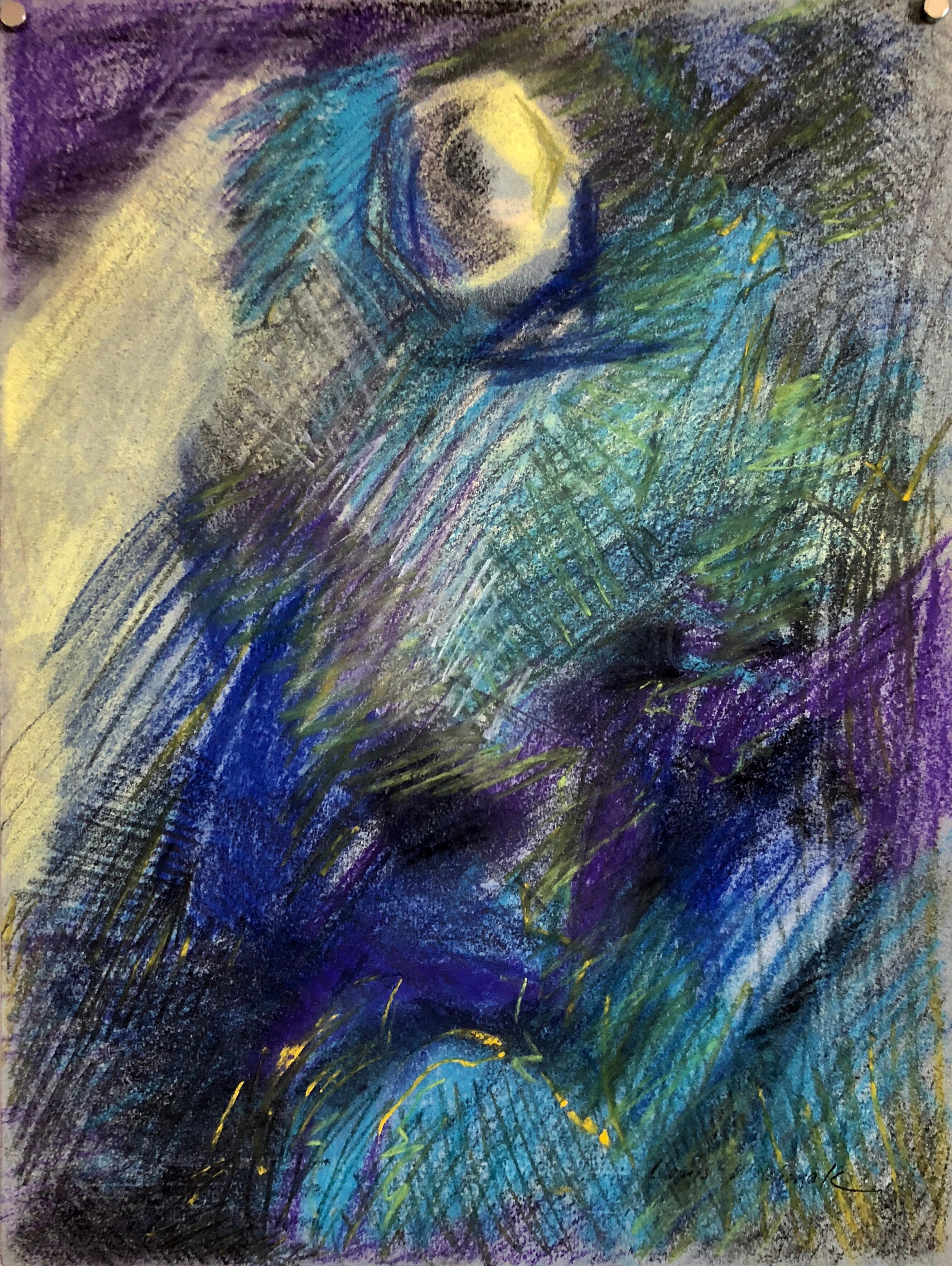 Abstract Expressionist Blue Pastel Drawing Mid Century Modern WPA Jewish Artist