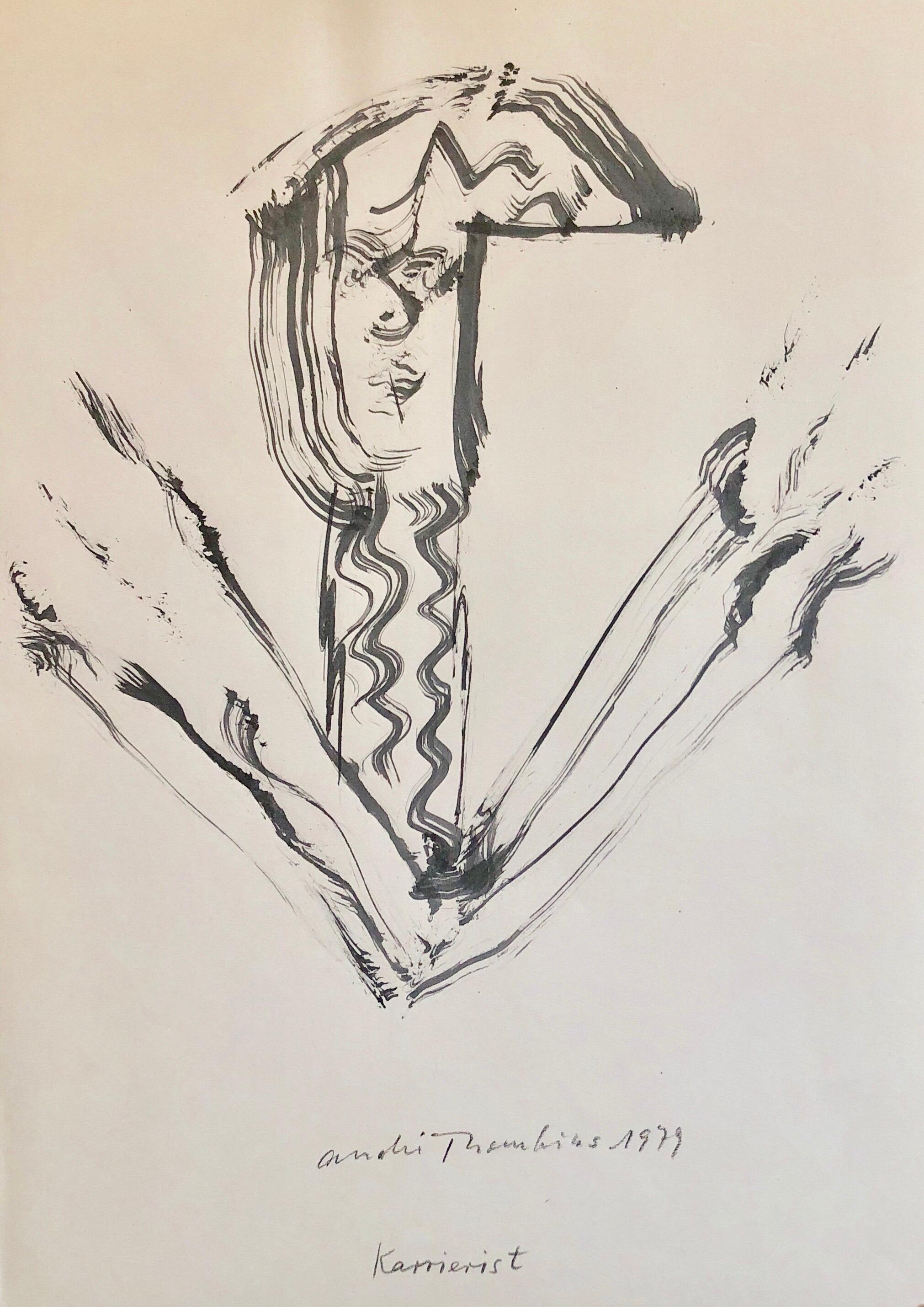 André Thomkins Figurative Art - 70s Modernist Swiss Dada Surrealist Painting Signed Andre Thomkins Brush Drawing