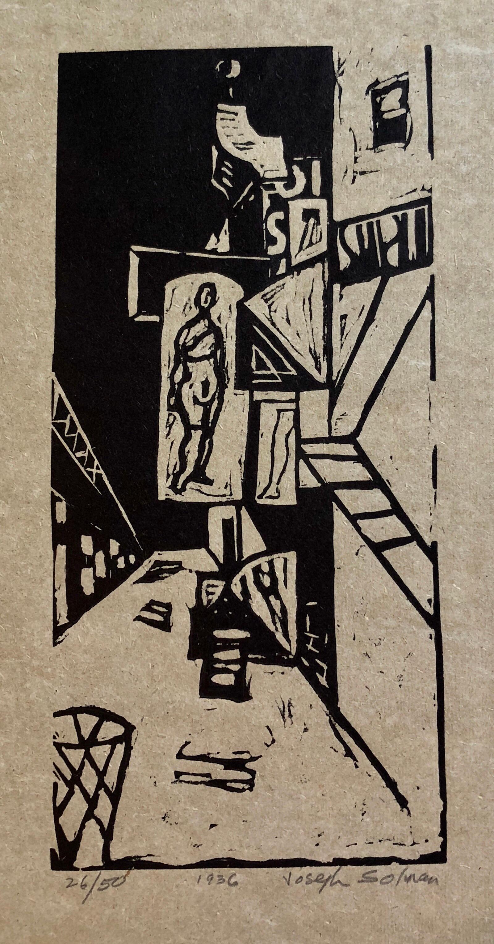 1936 Woodblock Print Venus of 23rd St. Skid Row Woodcut NYC Great Depression WPA - Modern Art by Joseph Solman