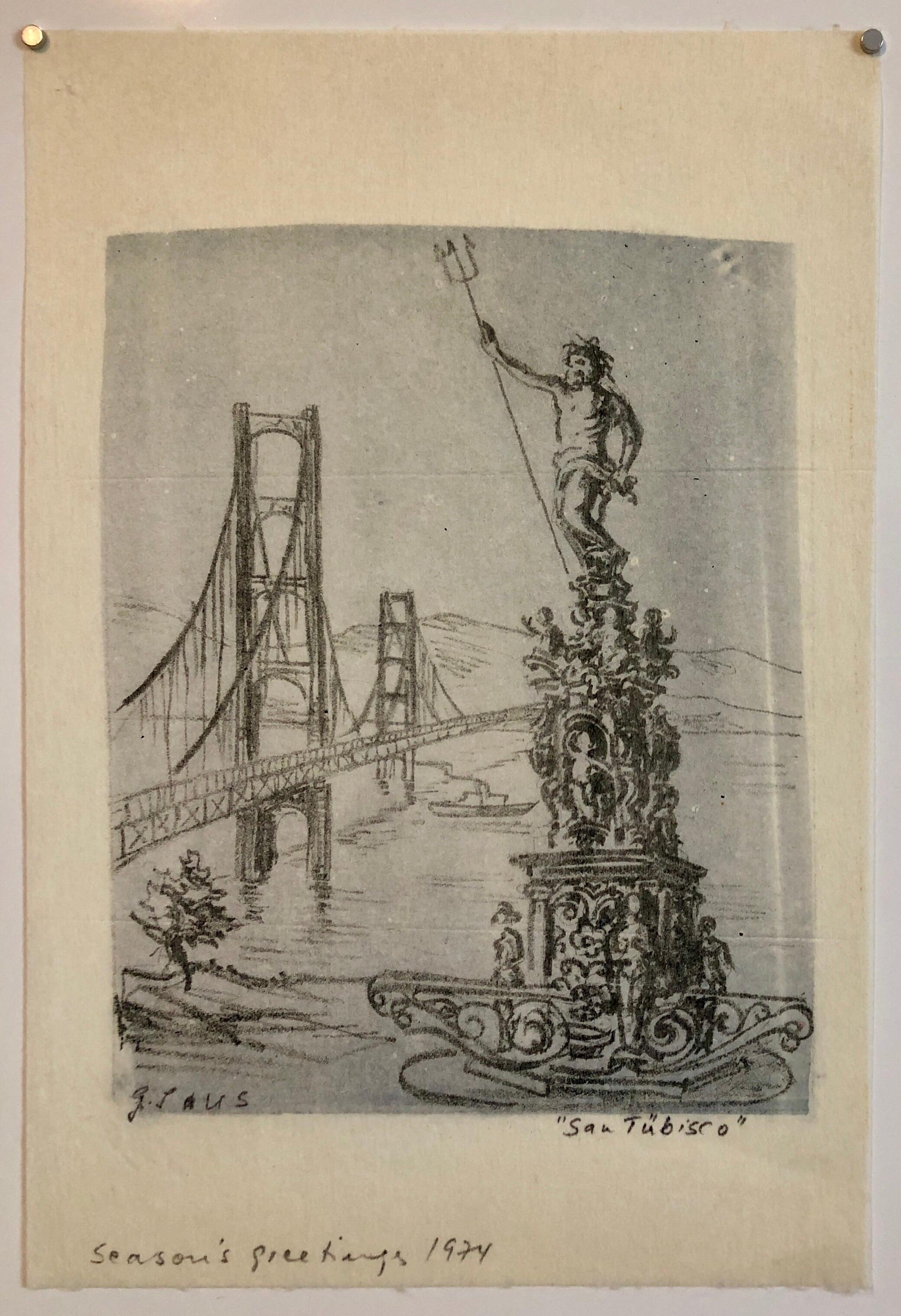 Gottfried Salzmann Figurative Art - San Tubisco (Season's Greetings) Holiday Drawing Artwork Poseidon Trident Bridge