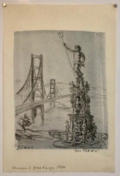 Vintage San Tubisco (Season's Greetings) Holiday Drawing Artwork Poseidon Trident Bridge