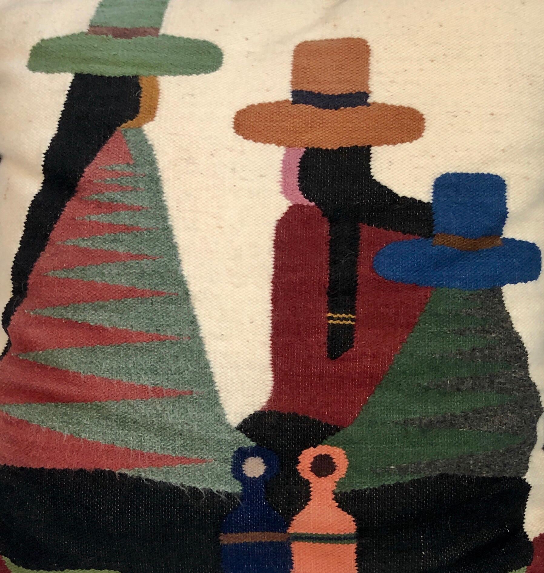 Vintage Handwoven Tapestry Wool Folk Art Rug Weaving Pillow or Wall Hanging (Tapisserie en laine tissée à la main, tissage de tapis, oreiller ou suspension murale) 