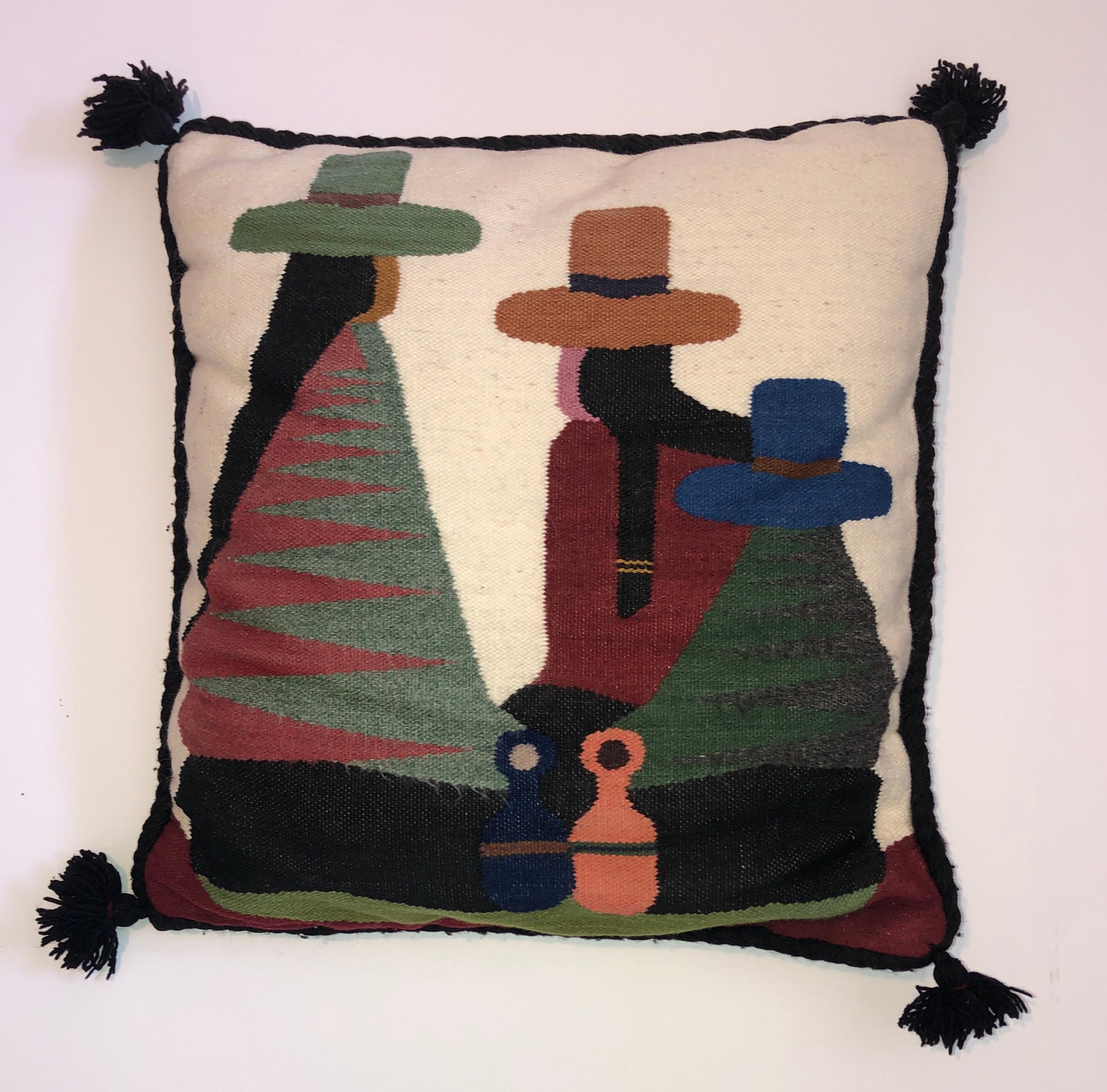 Vintage Handwoven Tapestry Wool Folk Art Rug Weaving Pillow or Wall Hanging  For Sale 3