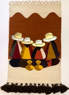 Vintage Handwoven Tapestry Wool, Metal Folk Art Rug Weaving Wall Hanging (Tapisserie tissée à la main, laine, métal, tapis tissé) 