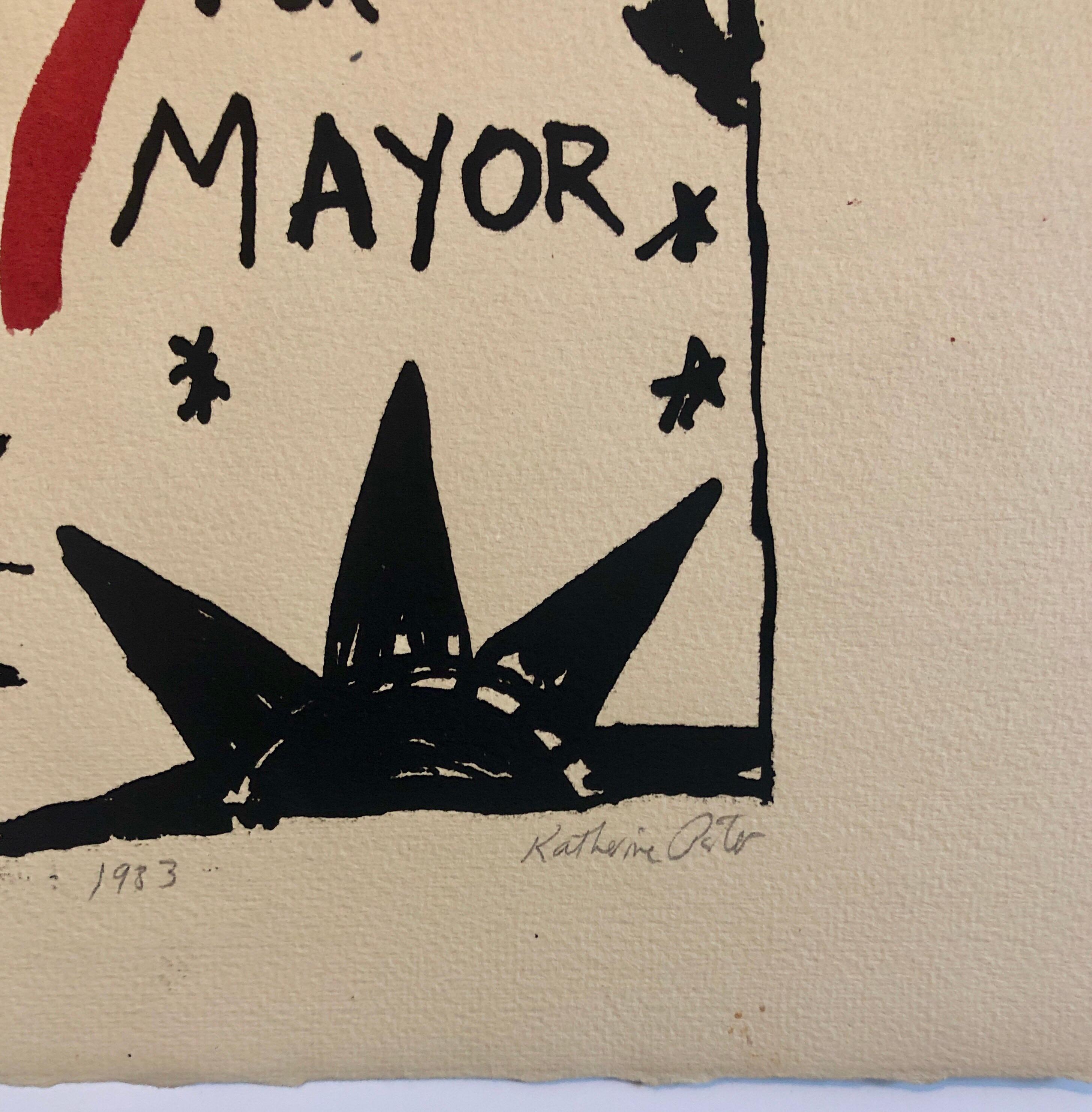 This is original watercolor over a limited edition woodcut political poster. hand signed, dated and numbered. it bears similarity to works by Alexander Calder. Employing a star and abstract design.
Katherine Porter is an American artist born in