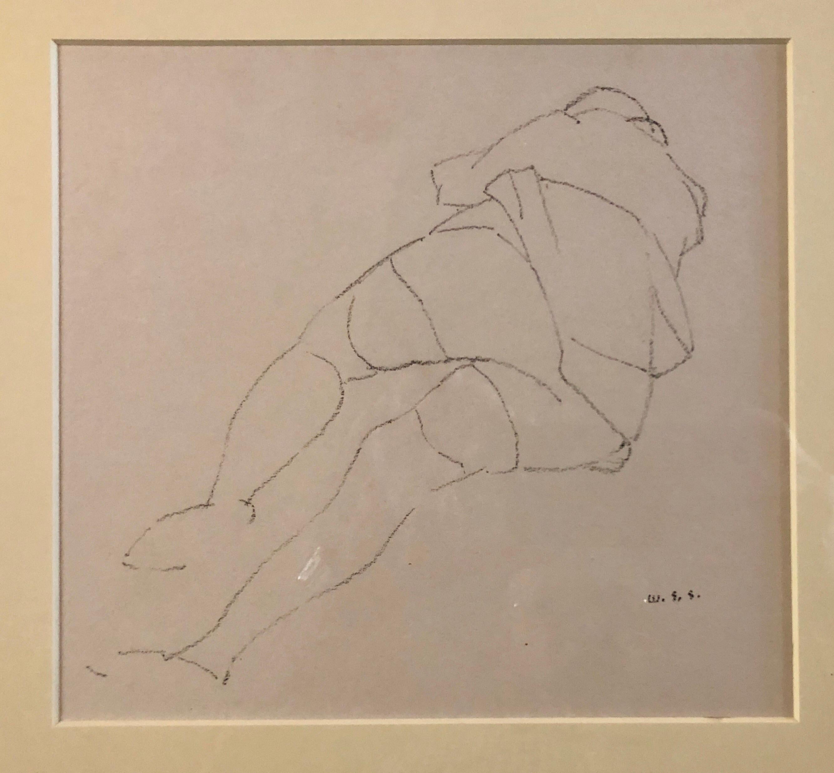 Reclining Nude.Early modernist line drawing, by American artist William S. Schwartz, c. 1940, gouache painting, signed with initials, framed. (size includes frame). Work is reminiscent of the drawings of Joseph Solman.  

William S. Schwartz
