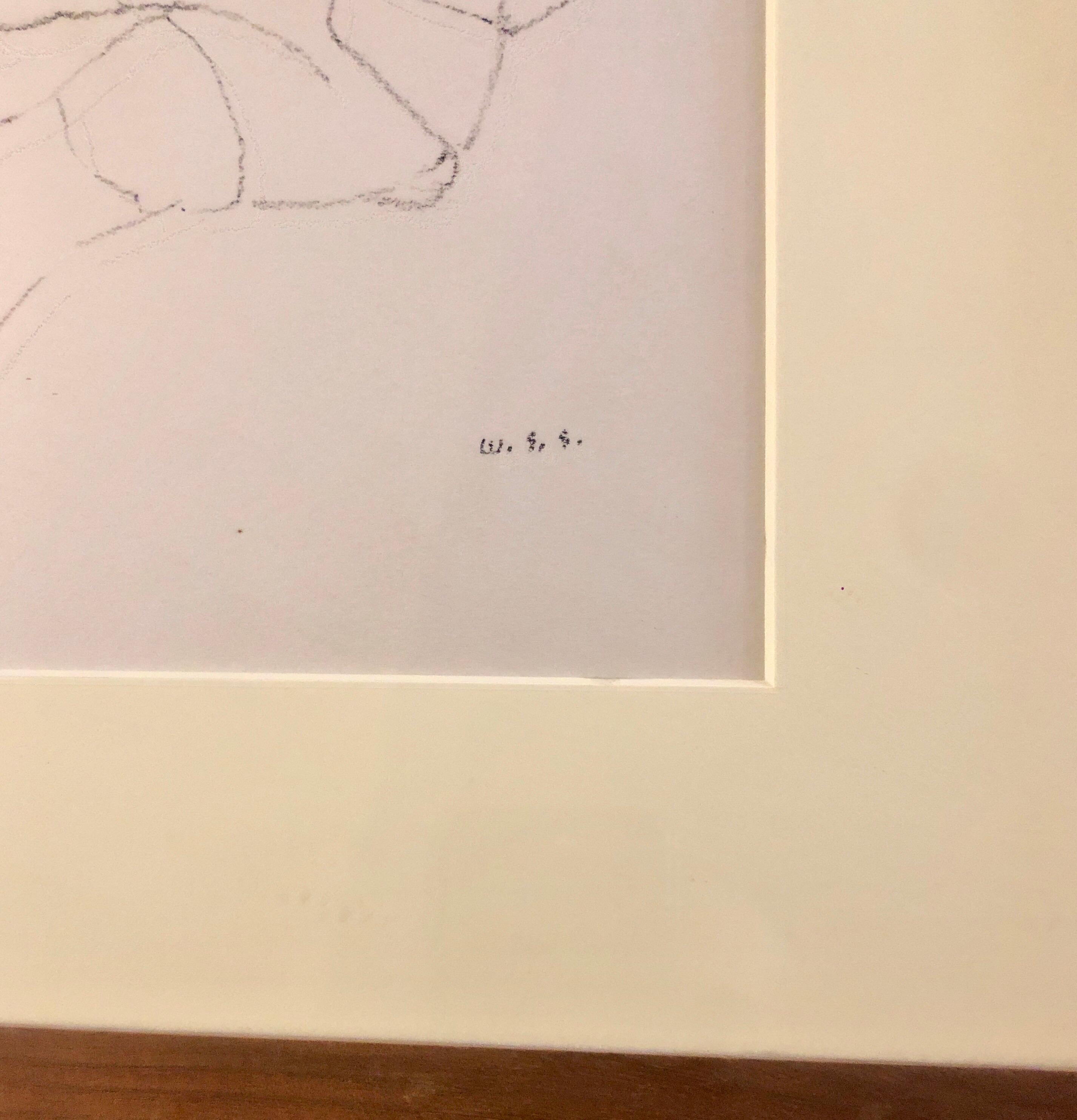 Liegender Akt, frühe modernistische Strichzeichnung des amerikanischen Künstlers William S. Schwartz, um 1940, Gouachezeichnung, signiert mit Initialen, gerahmt. (Größe einschließlich Rahmen). Die Arbeiten erinnern an die Zeichnungen von Joseph