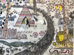 Mod Surrealista Años 70 Dibujo Acuarela Pintura Fantasía Selva, Unicornio, León