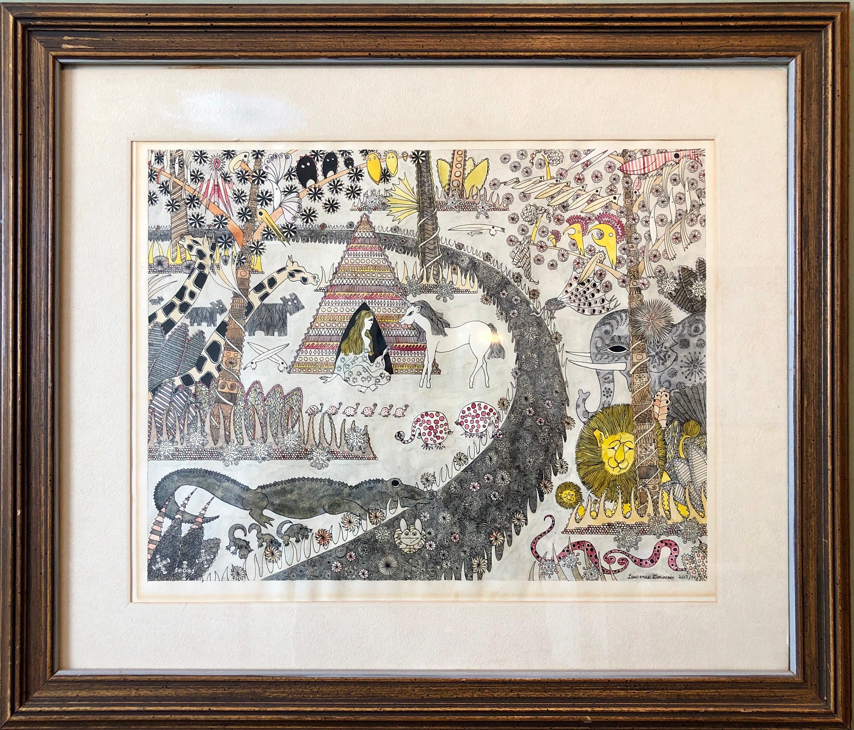Mod Surrealista anni '70 Disegno Acquerello Pittura Jungling Fantasy, Unicorno, Leone - Art di Laurence Donovan