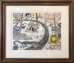 Mod Surrealist 1970's Drawing Watercolor Painting Jungle Fantasy, Unicorn, Lion