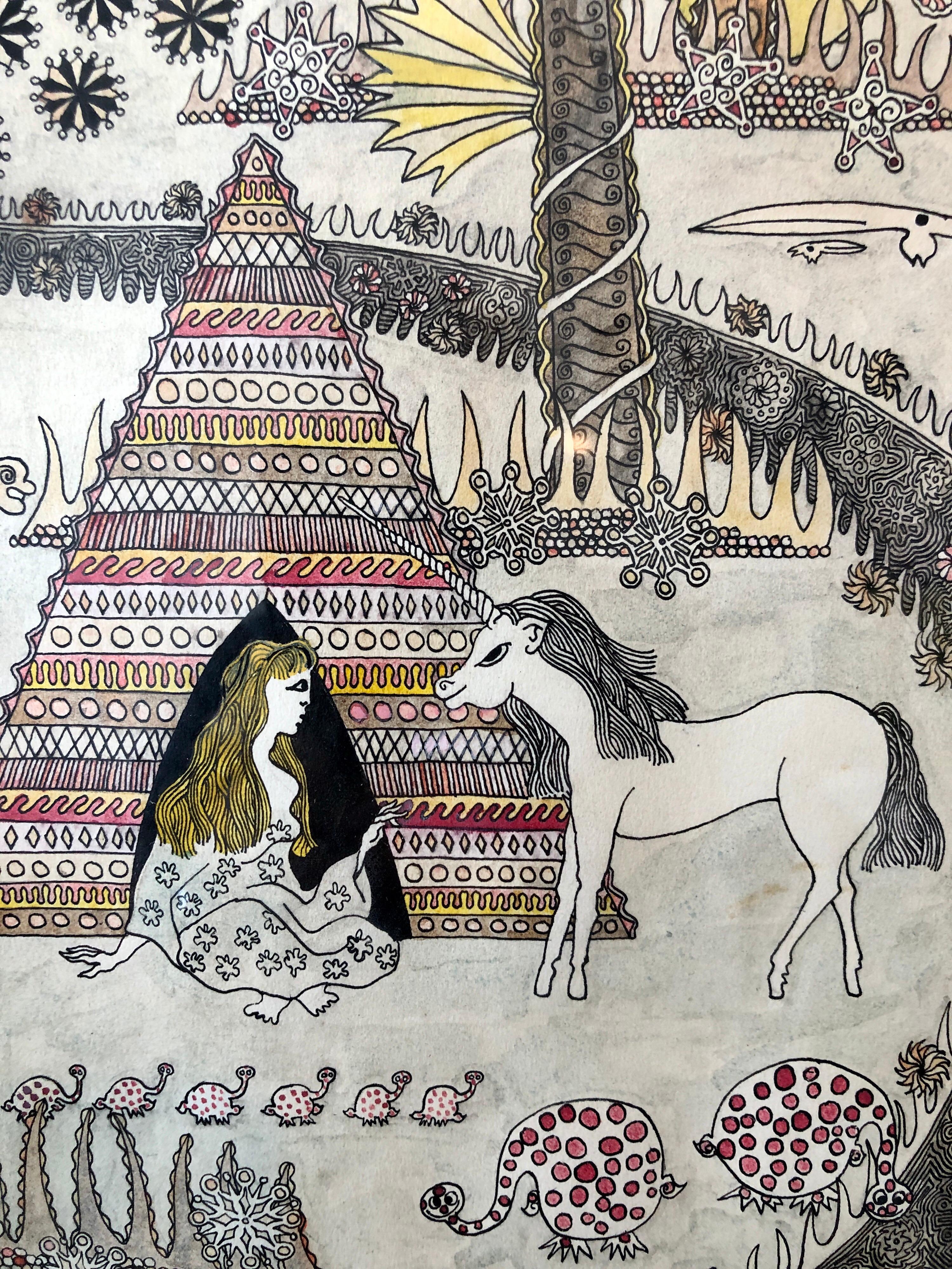 Mod Surrealist 1970's Drawing Watercolor Painting Jungle Fantasy, Unicorn, Lion For Sale 8